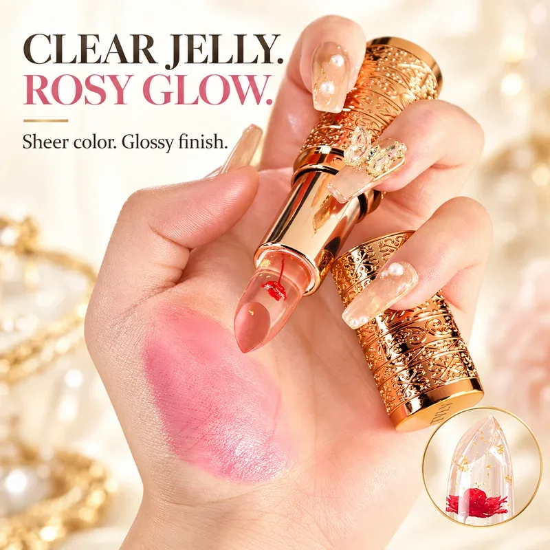Crystal Flower Jelly Lipstick Color Changing Clear Lip Tint Glossy Pink Finish Gold Case 3 Flower Colors for Everyday Makeup