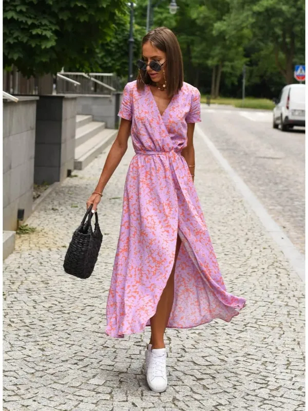 Printed Dress 2025 Summer V-neck Split Fork Medium and Long Group European and American Cross-border Women's Clothing — image 6