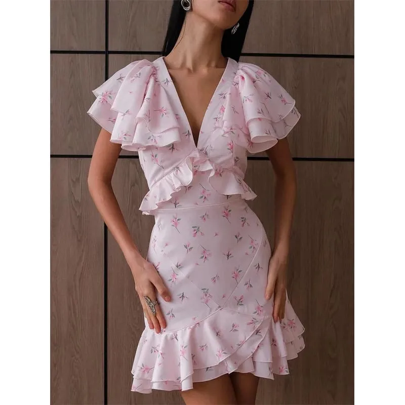 Women Floral Printed V-neck Mini Dress Fashion Half Sleeve High Waist Ruffle Slim Dresses 2026 Summer Elegant Lady Vacation Wear
