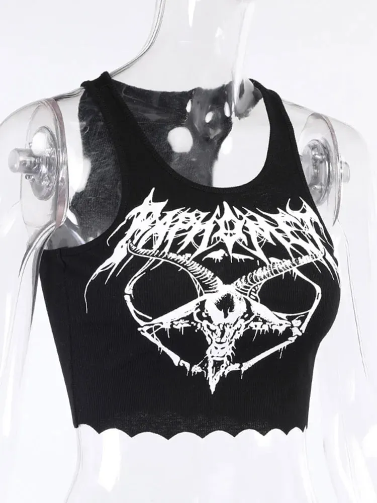 Gothic Knitted Punk Black Tank Tops Mall Goth Grunge Goat Print Harajuku Women Crop Tops Skinny Sleeveless Streetwear — image 7