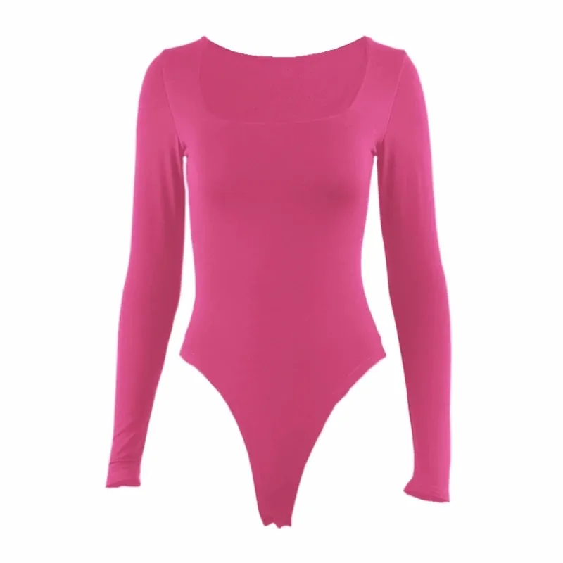 Long Sleeve Bodysuits Spring 2025 Square-Cut Collar Solid Bodycon Elastic Romper Sexy Y2k Women Clothing Fashion Club Party 2520