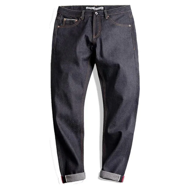 Maden Retro 14.5oz Selvedge Raw Denim for Men's Jeans with YKK Zipper Fly Embroidery Straight Jeans Classic Solid Color Trousers