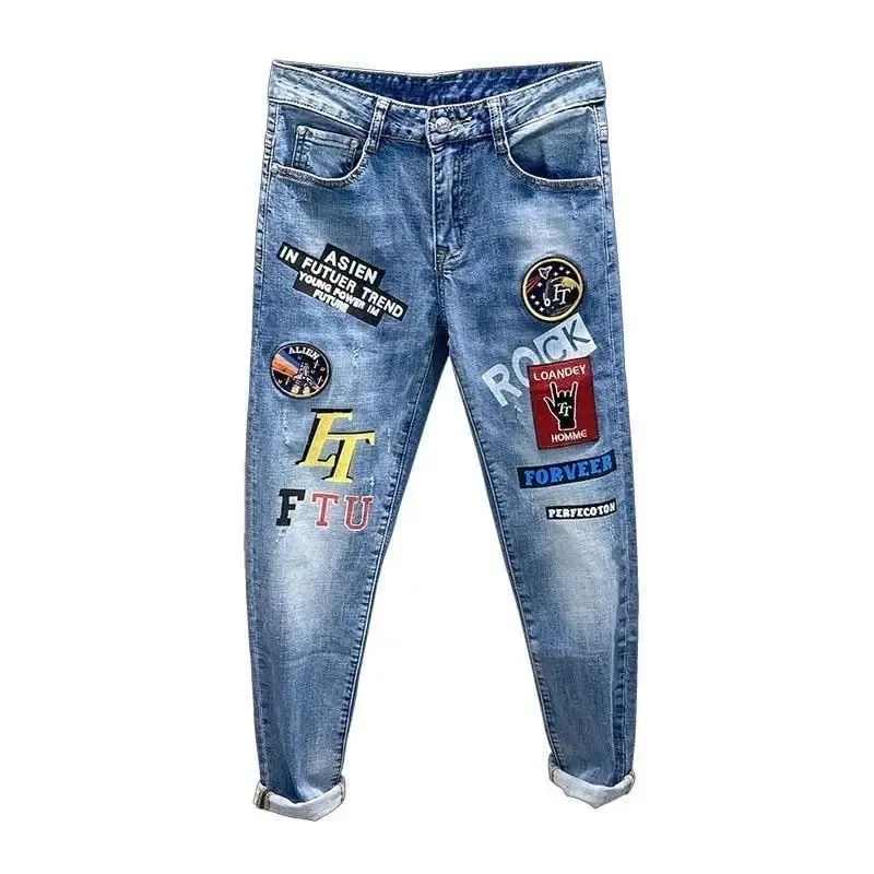 Trendy Brand Letter Printing Pattern Embroidered Jeans Men's Korean Graffiti Slim-fitting Small Feet Versatile Casual Trousers — image 3