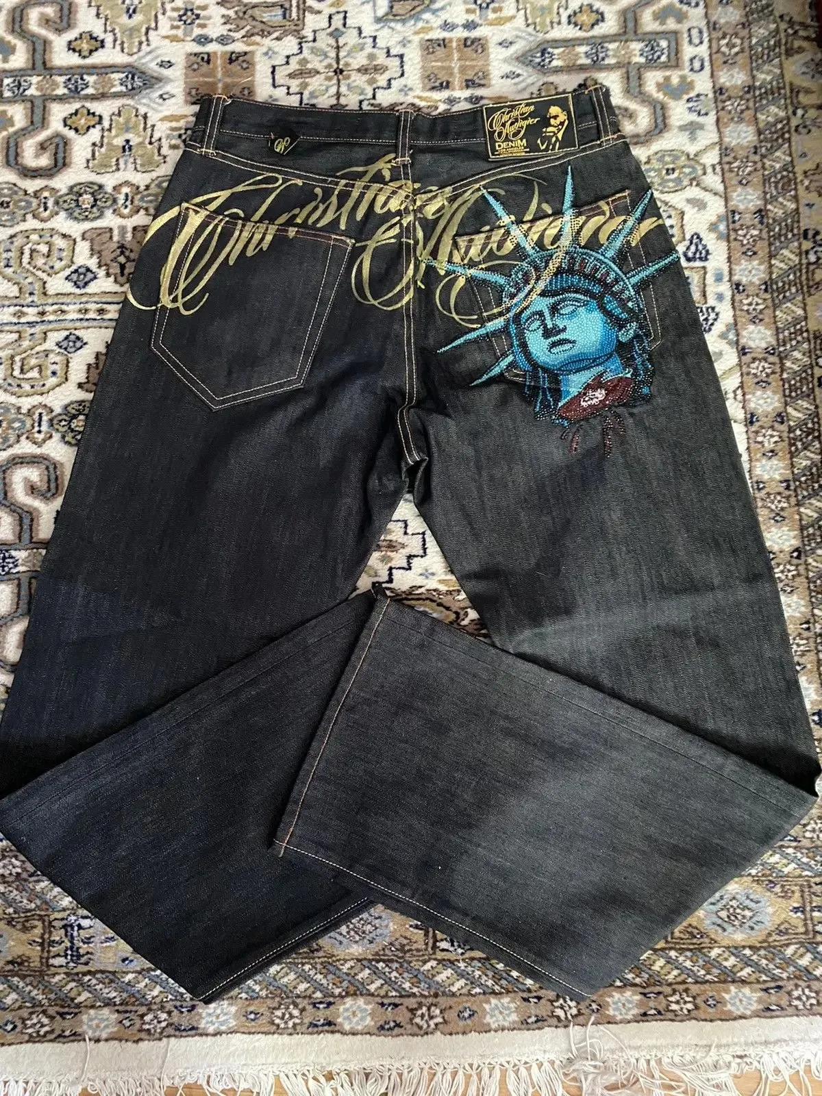 Harajuku Y2k Diamonds Wide Leg Jeans 2000s Casual Denim Pants High Waist Straight Jeans Vintage Statue of liberty Men Clothing