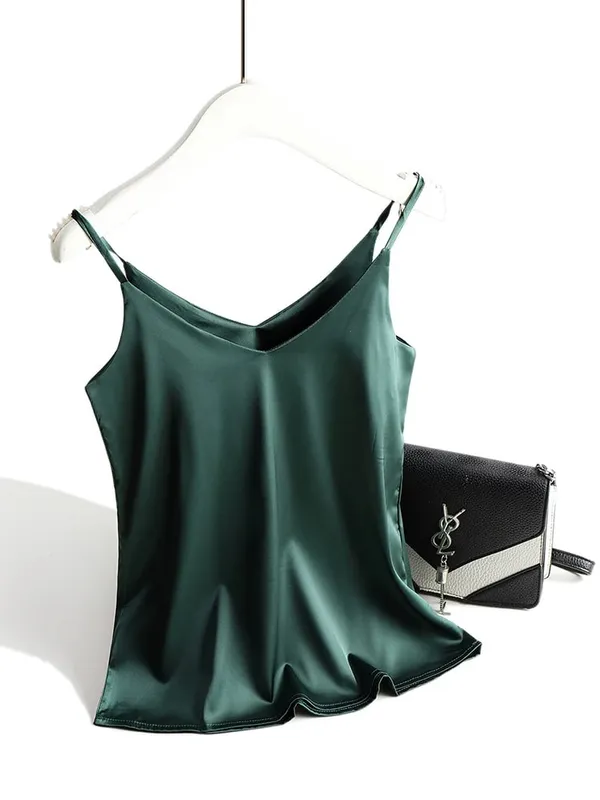 2026 Spaghetti Strap Top Women Halter V Neck Basic White Cami Sleeveless Satin Silk Tank Tops Women'S Summer Camisole