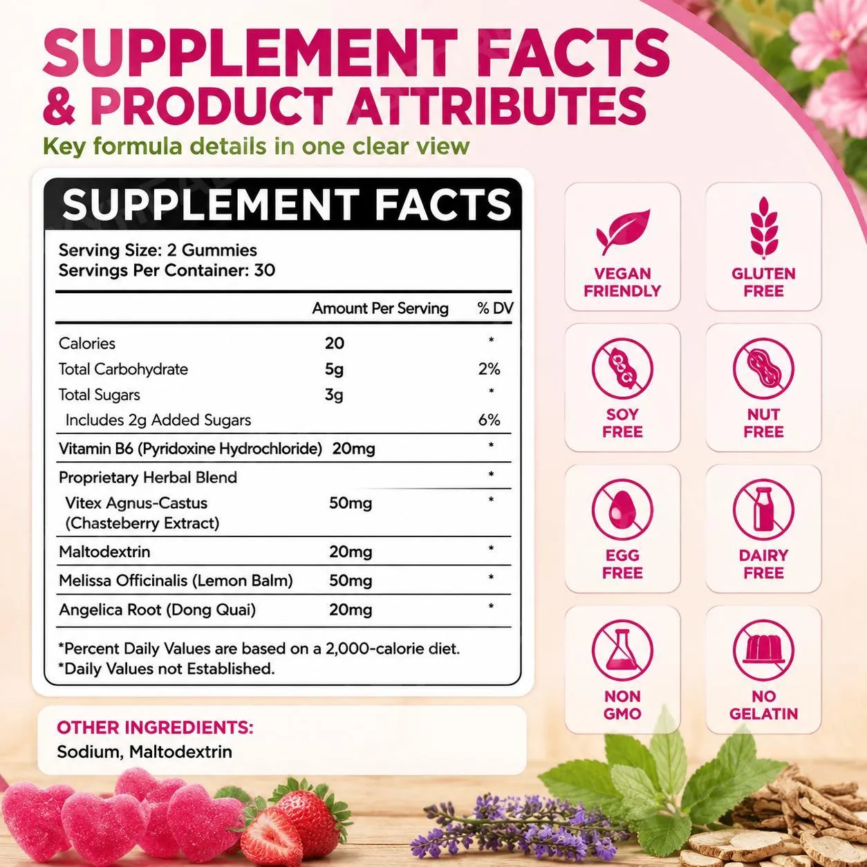 PMS Support Gummies dengan Chasteberry Vitex Dong Quai Vitamin B6 & Lemon Balm untuk Kesejahteraan & Mood Bulanan Wanita 60 Gummies