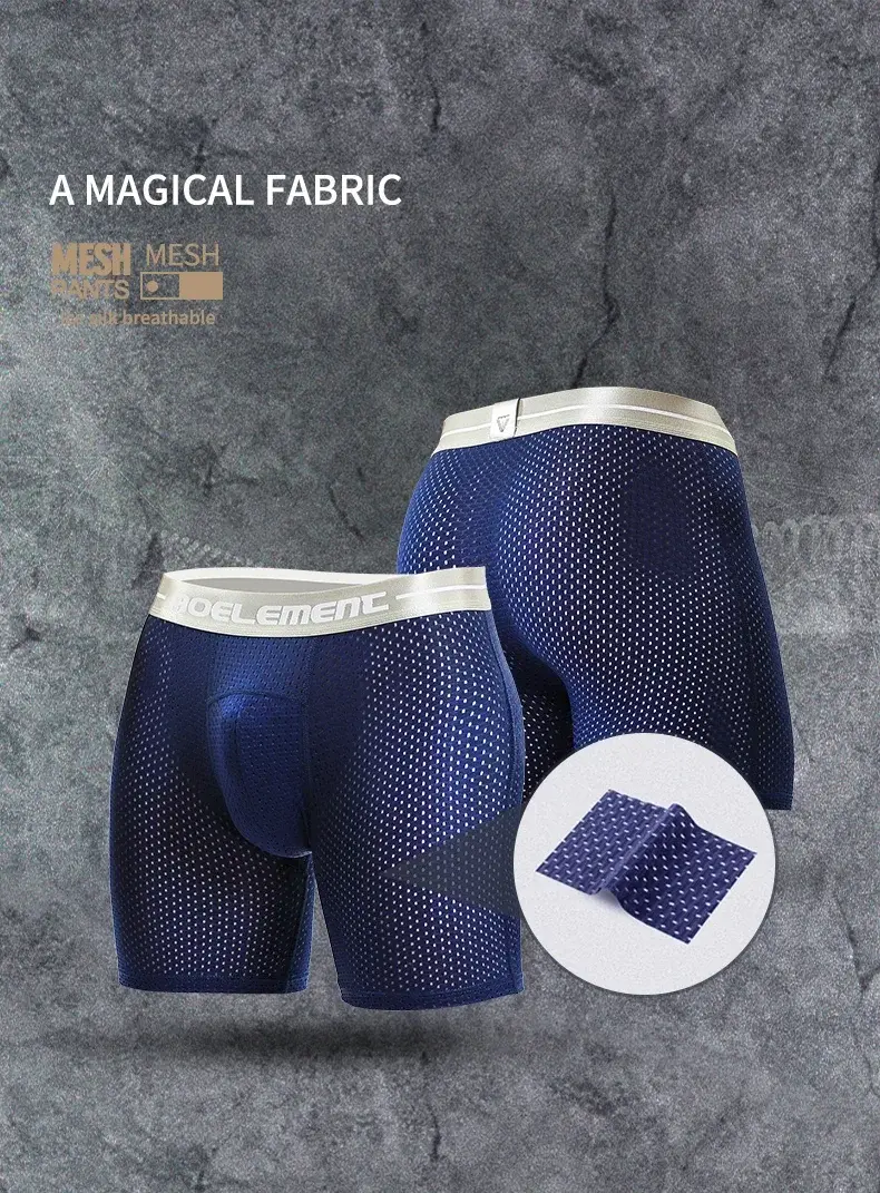 Professional sports men's underwear lengthened anti-wear leg boxer shorts ice silk hollow breathable quick dry running long leg