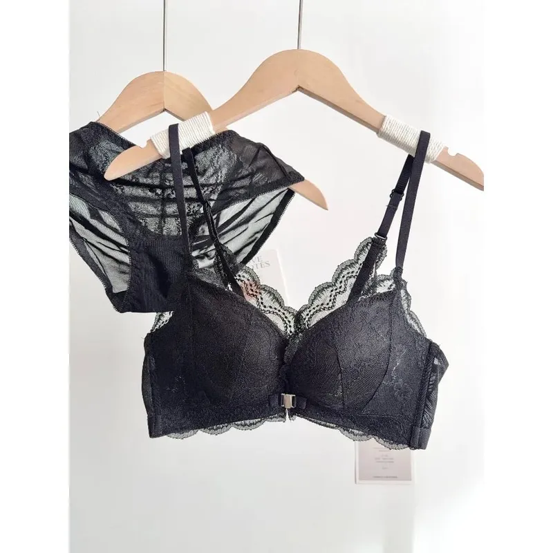 Set Bra Renda Payudara Kecil Wanita Penutupan Depan Wayarles Cantik Belakang Tekan Ke Atas Bra Pakaian Dalam Harian Lembut Saiz 32‑38AB — image 4