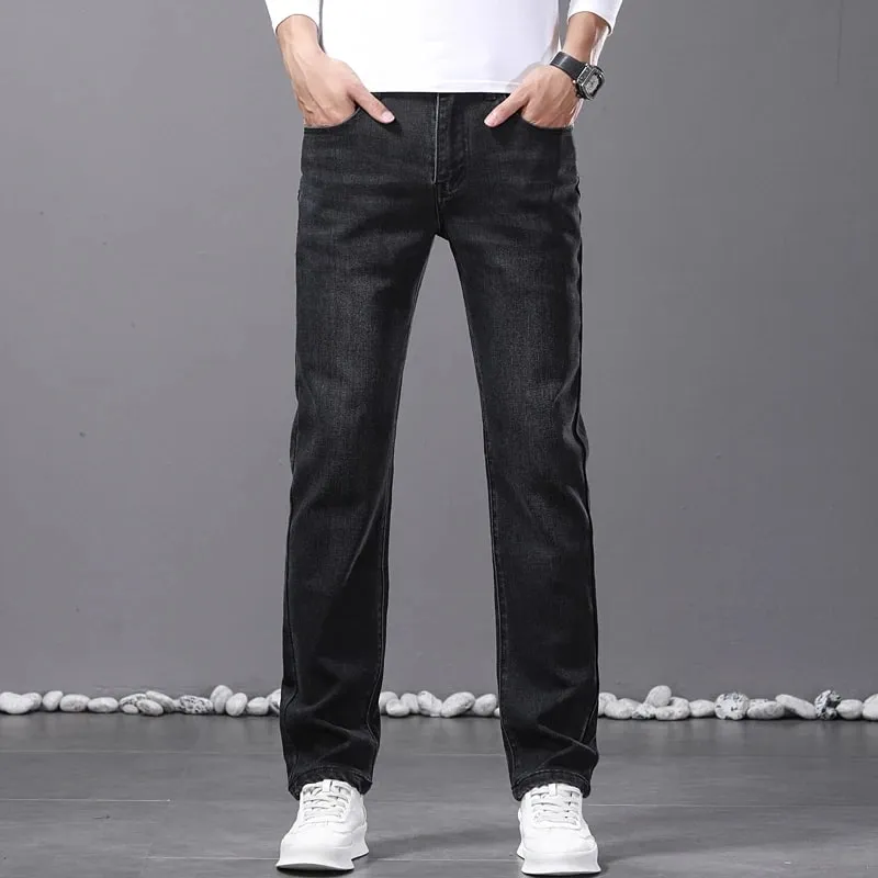 Spring New Men's Straight Jeans Comfortable Elastic Casual Business Work Trousers Retro Blue Fashion Fit Washed Denim Pants — image 6