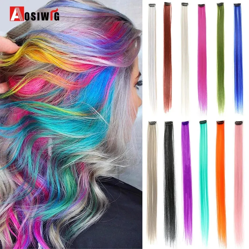 22" Synthetic Long Straight Rainbow Highlight Colored Hair Extensions Clip In One Piece Ombre Pink Purple Green Yellow For Wome