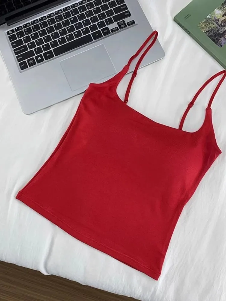 2026 Women With Built In Bra Spaghetti Strap Tanks Summer Camis Tank Casual Tops For Woman Solid Color Female Korean Style