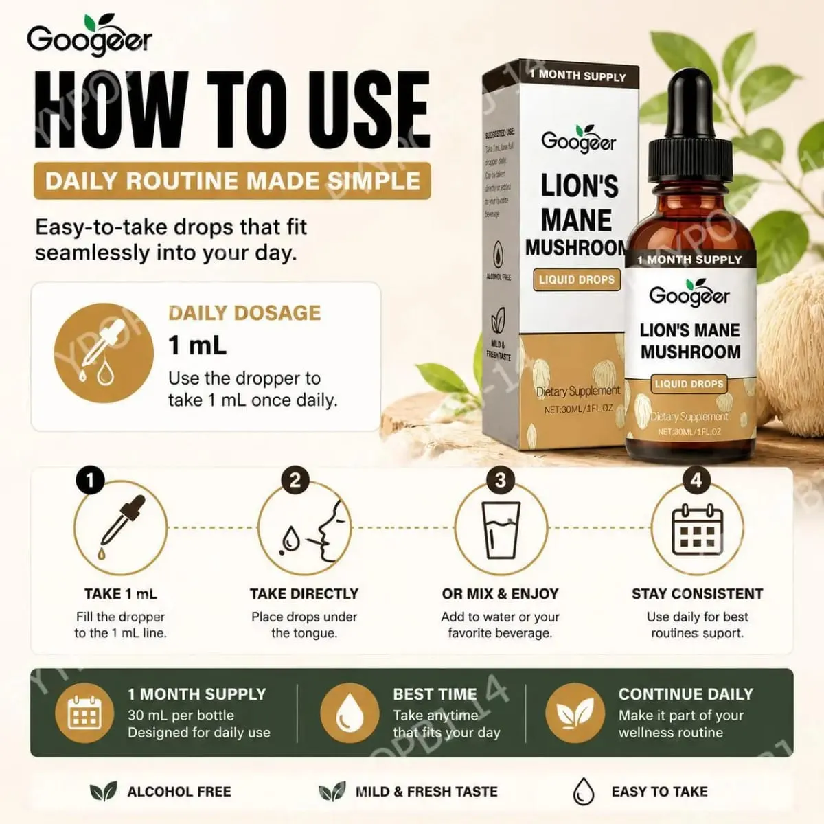 Googeer Lion's Mane Mushroom Liquid Drops Hukommelse og fokusstøtte til kognitiv klarhed Mental Agility Alkoholfri 30 ML — image 6
