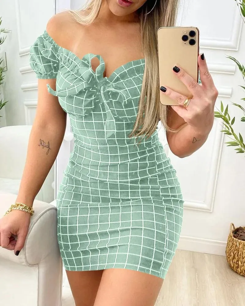 Summer dress sexy package buttocks maikling palda ng cross border grid print dress