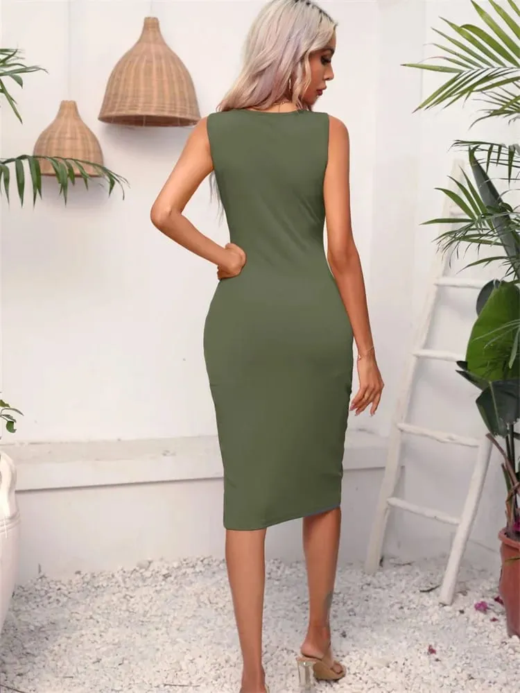 Women Spring Summer Style Dress Lady Casual High Elastic Sleeveless Solid Color Split Sheath Dress DF5011