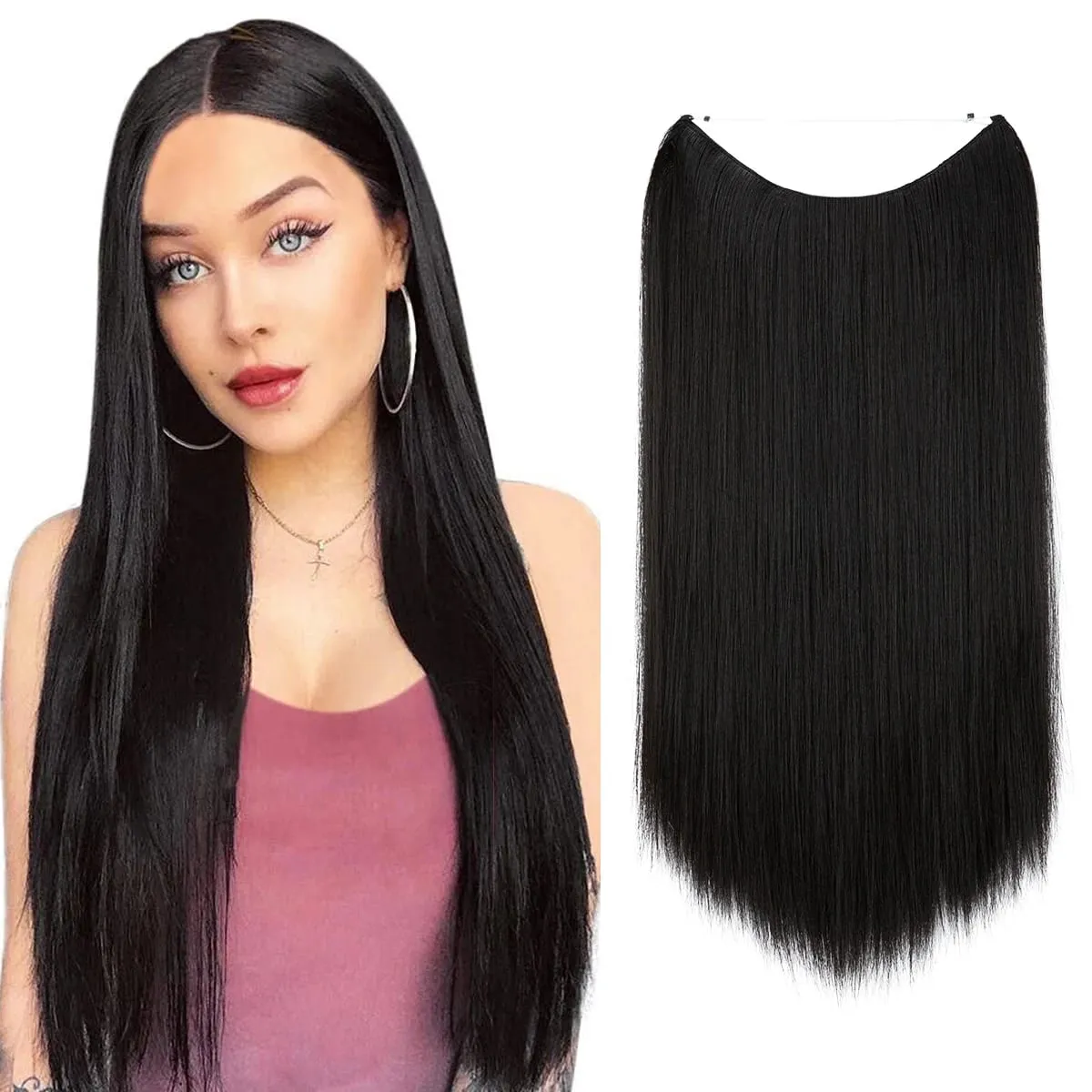 Premium Heat Resistant Synthetic Invisible Wire Hair Extensions With Clips Hairpieces Long Natural Straight Fake Hair For Woman