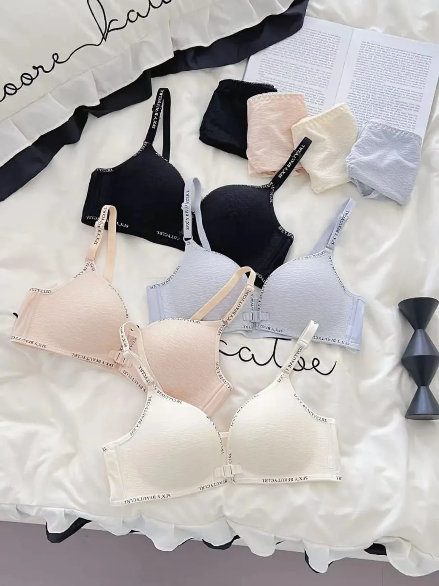 Sexy Front Closure Push-Up Lingerie Set for Small Breasts Comfortable Thin Bra with No Steel Ring Letter Shoulder Straps