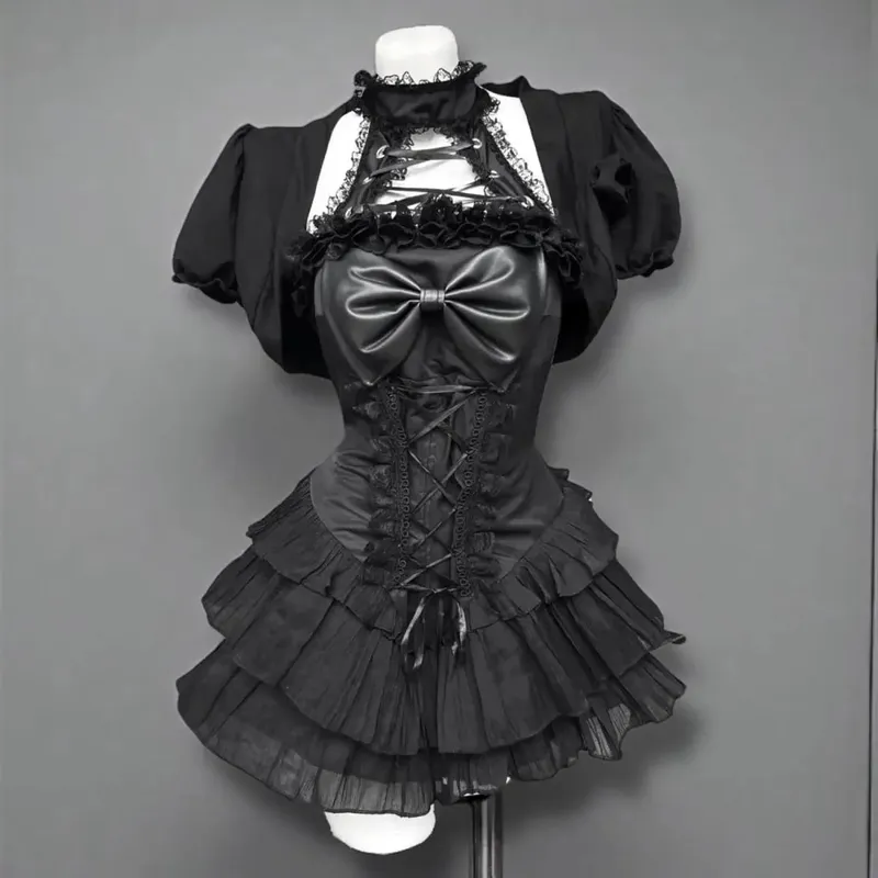 Japanese E-girl Gothic Vintage Dress Women Half High Neck Short Sleeve Bow Lace Mini Dress Cinch Waist Sweet Spicy Black Dress — image 8