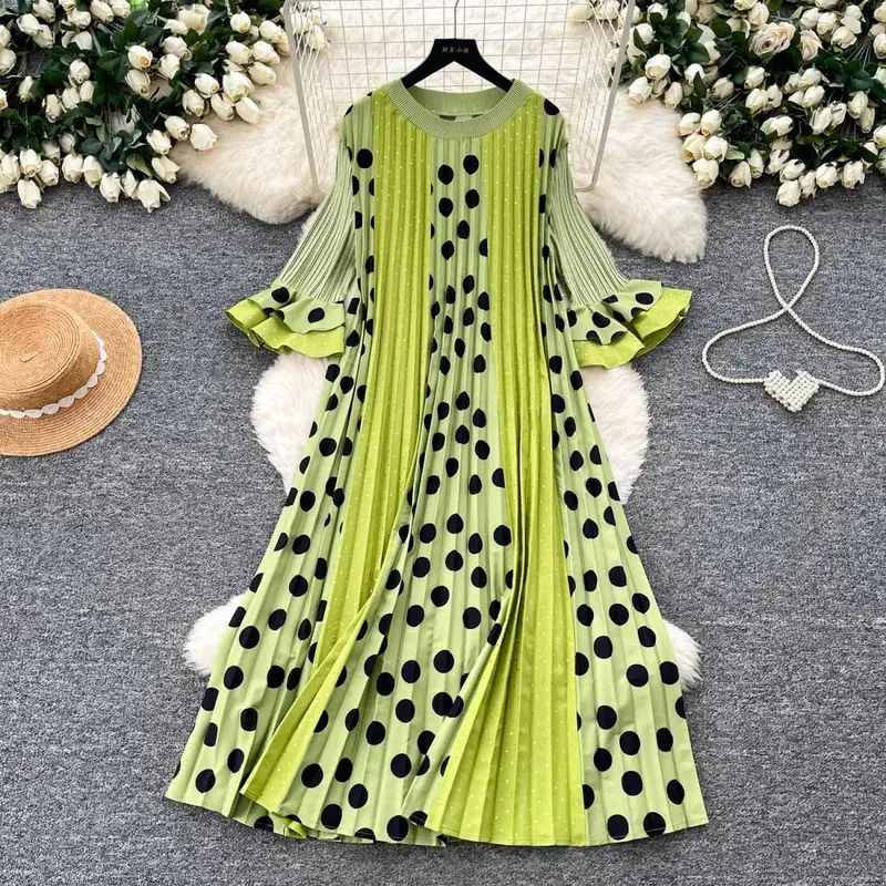 Miyake Pleated Polka Dot Dresses 2026 Summer Flared Sleeves Round Neck Fashion Pleated Long Dress Women Draped Elastic Clothing