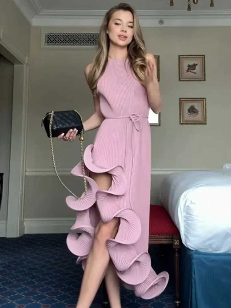 Elegante abito irregolare con volant al collo da donna Chic senza maniche con spalle scoperte Abiti longuette con lacci 2026 Abiti da sera da donna