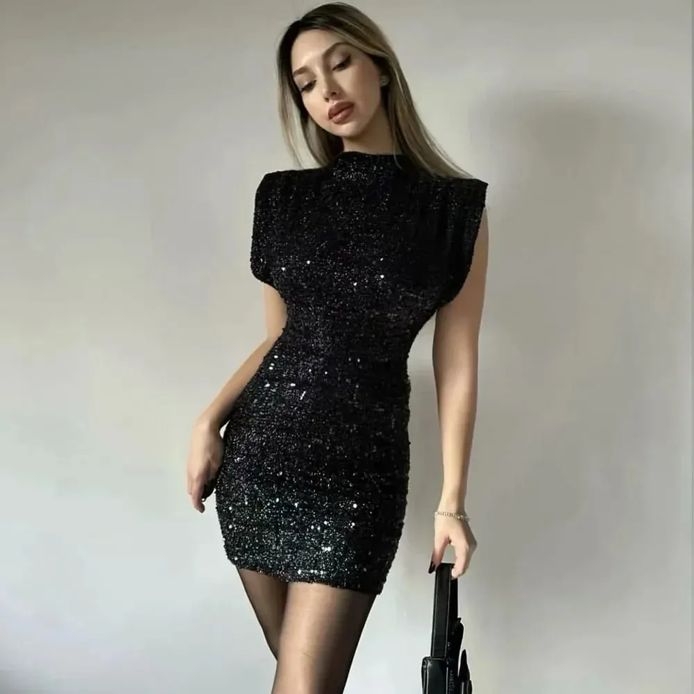 2026 Spring Women Sequined Party Dresses Shoulder Pad Sheath Mini Dress Sleeveless Valentine‘s Day Women Elegant Dresses