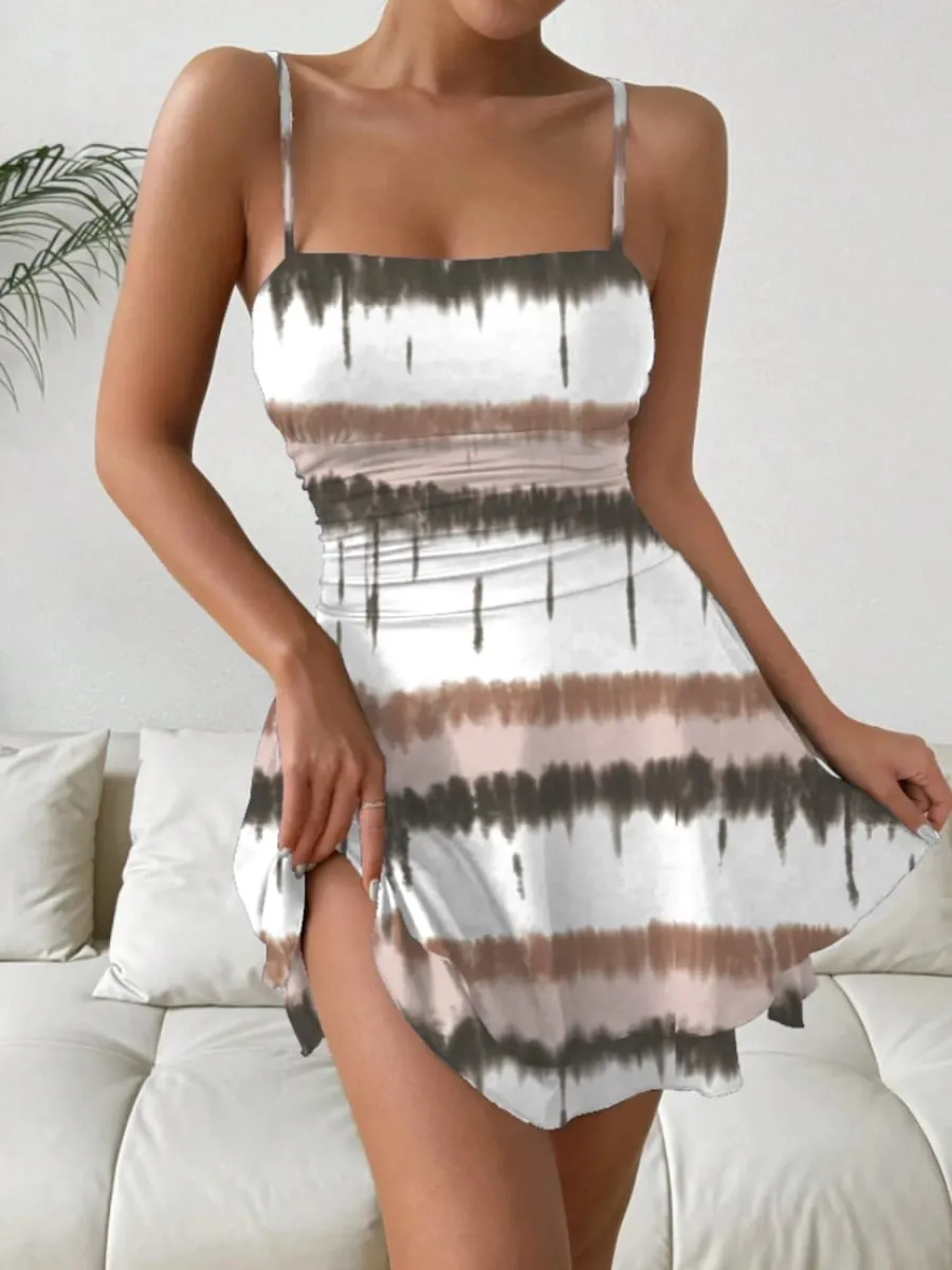 Women's Casual Elegant Square Neck Sleeveless Dress Contrasting Color Suspender Mid-Length Skirt