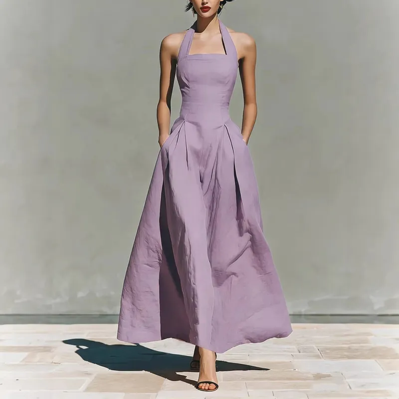 2026 Women's Spring and Summer Neck-Hanging Linen-Style Leisure Fashion Fitting Pocket Dresses