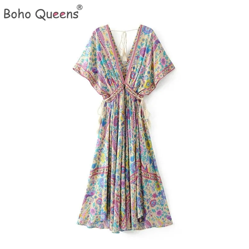 Boho Queens Mulheres Pavão Floral Impressão Manga Morcego Praia Boêmio Maxi Vestidos Senhoras V Neck Tassel Vestido de Verão