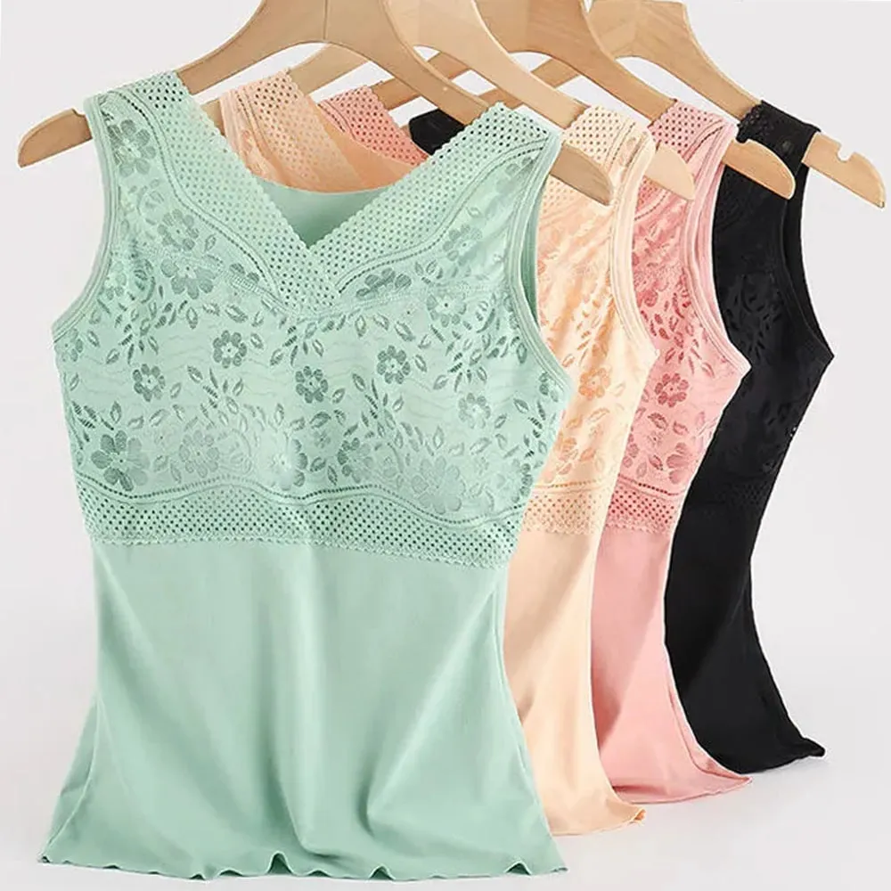 Women Winter Lace Padded Thermal Vests Soft Skin‑Friendly Undershirts Comfortable Sleeveless Inner Versatile Daily Tank Tops