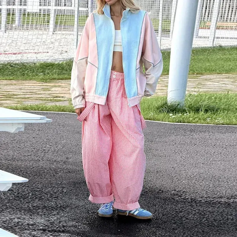 Polka Dot Cropped Windbreaker Jacket Contrast Pink Seam Piping Side Pockets Loose Outerwear 2026 Autumn Street Daily Lady Coat — image 10