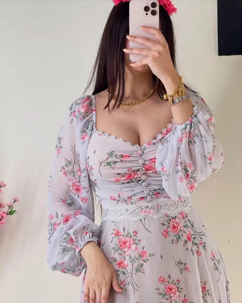2025 Spring Summer American New Fashion Women's Printed Lace V-neck Long Sleeve Ankle Length Casual Trendy Chiffon Dress Female — image 7