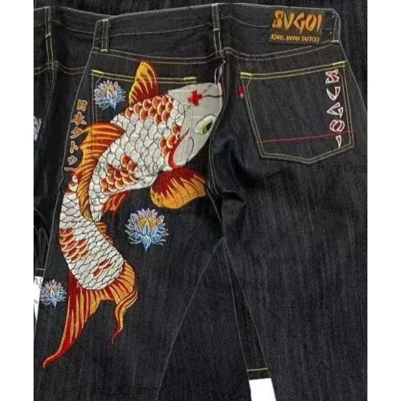 Japanese hip-hop Brocade carp printed jeans same style couple washed high waist retro casual loose ins straight wide leg pants — image 3
