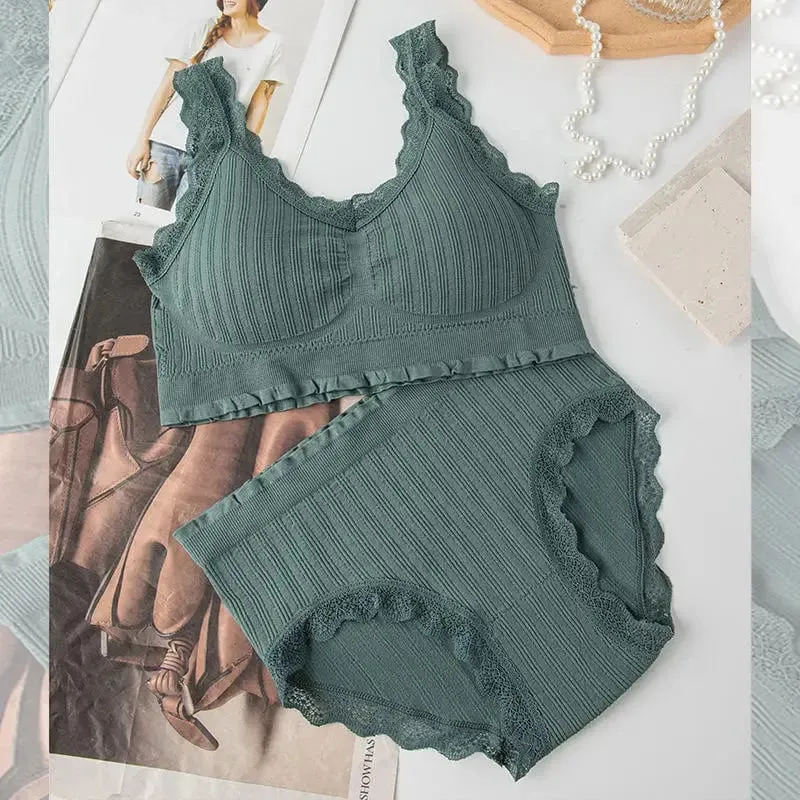 2025 Seamless Lace Back Bra Set U-Shape Sexy V-Neck Women's Underwear Full Cup Fixed Strap Home Clothes No Brand Registered