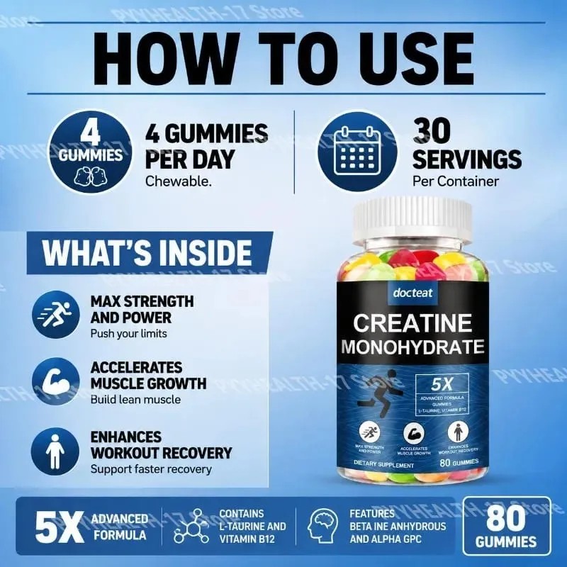 Docteat Creatine Monohydrate Gummies Chewable for Strength and Power Supports Muscle Growth and Workout Recovery 80 Gummies