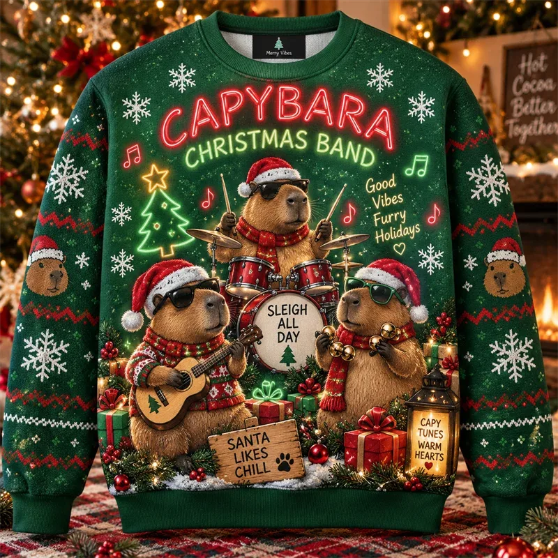 Capybara Christmas Sweater Funny Animal Holiday Graphic Crewneck Xmas Pullover Winter Party Gift Casual Streetwear Festive Top