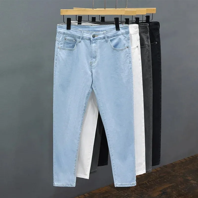 Slim Fit Men's Jeans Spring Summer Thin Cotton Soft Elastic Trendy Ankle Length Pants Straight Korean Simple Denim Trousers