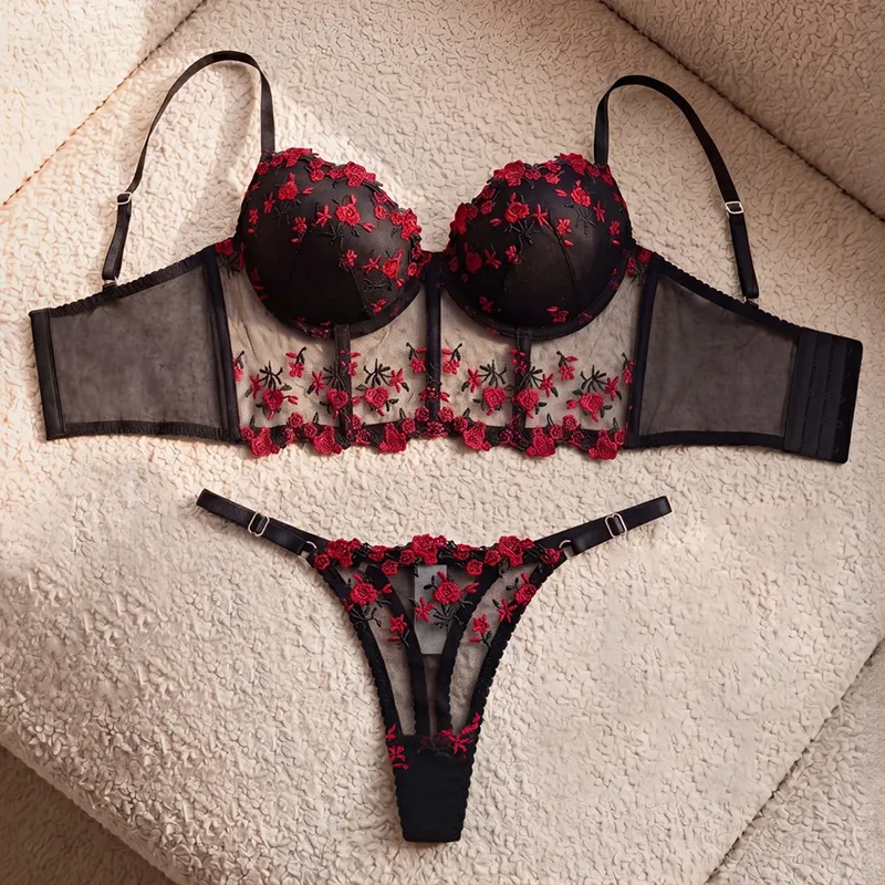 Women's Fishbone Bra Set Romantic Floral Embroidery Mesh Intimate Underwear Padded Push Up Brassiere&Thong 2 Pieces Lingerie Set — image 2
