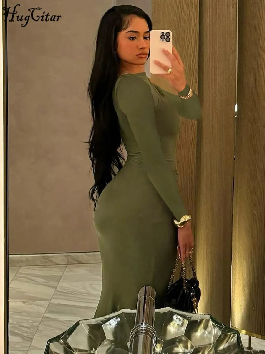 Hugcitar Autumn Solid Long Sleeve Draped Sexy Bodycon Maxi Prom Dress Women Fashion Y2K Outfits Evening Party Festival Club