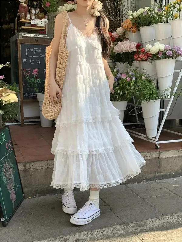 여름 Befree 긴 빈티지 캐주얼 프릴 우아한 맥시 스트랩 Camis 실키 비치 레이스 우아한 파티 드레스 Vestidos 섹시한 여성