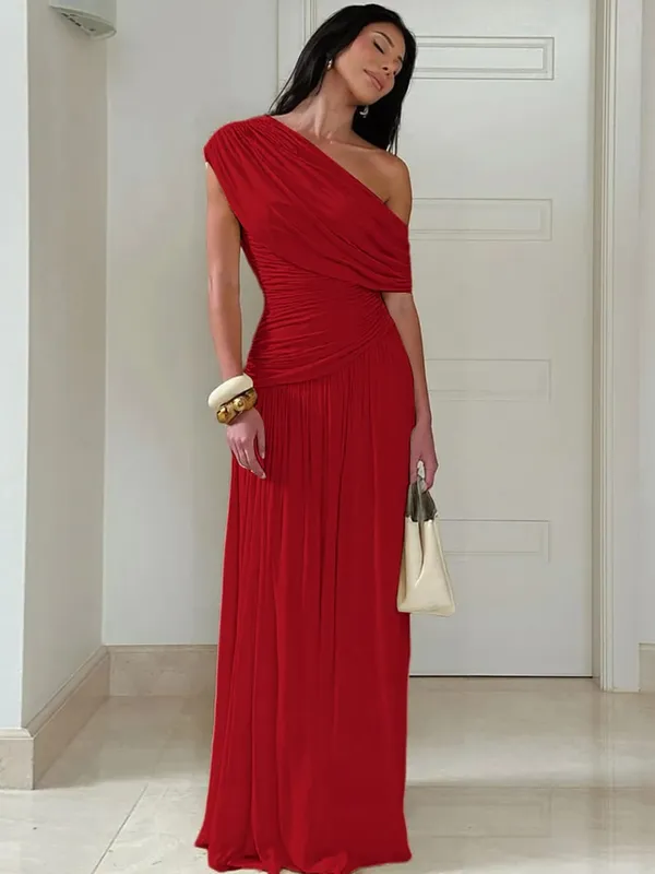 Hugcitar One Shoulder Ruched Sleeveless Solid Pleated Sexy Irregular Y2K Maxi Dress Summer Elegant Party Women Clothes Vacation