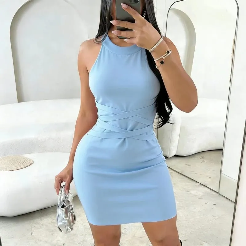 Grön grimma för kvinnor, kors och tvärs bandage Solklänning Stretchig Ribbstickad Bodycon Miniklänning Fest Clubwear Klänning Outfits