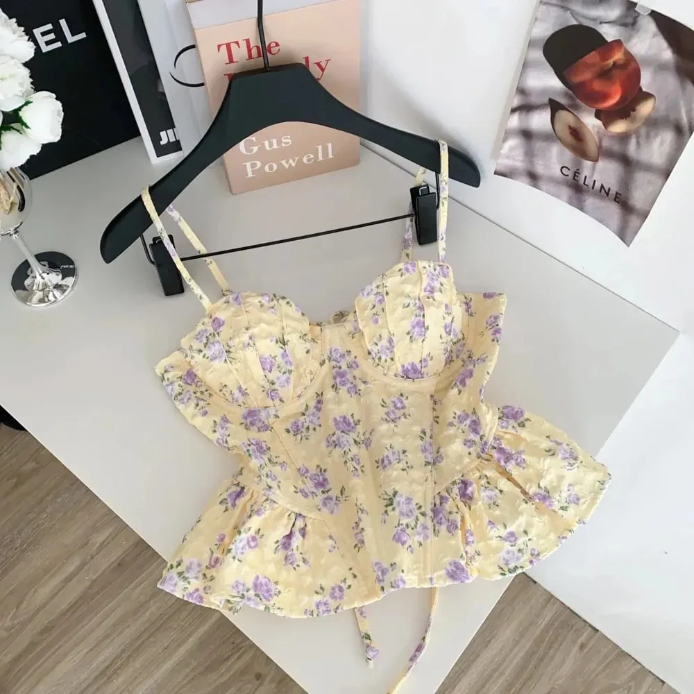 Sexy magro espartilho plissado impressão chique coreano camis regata básica moda fora do ombro roupas femininas de verão