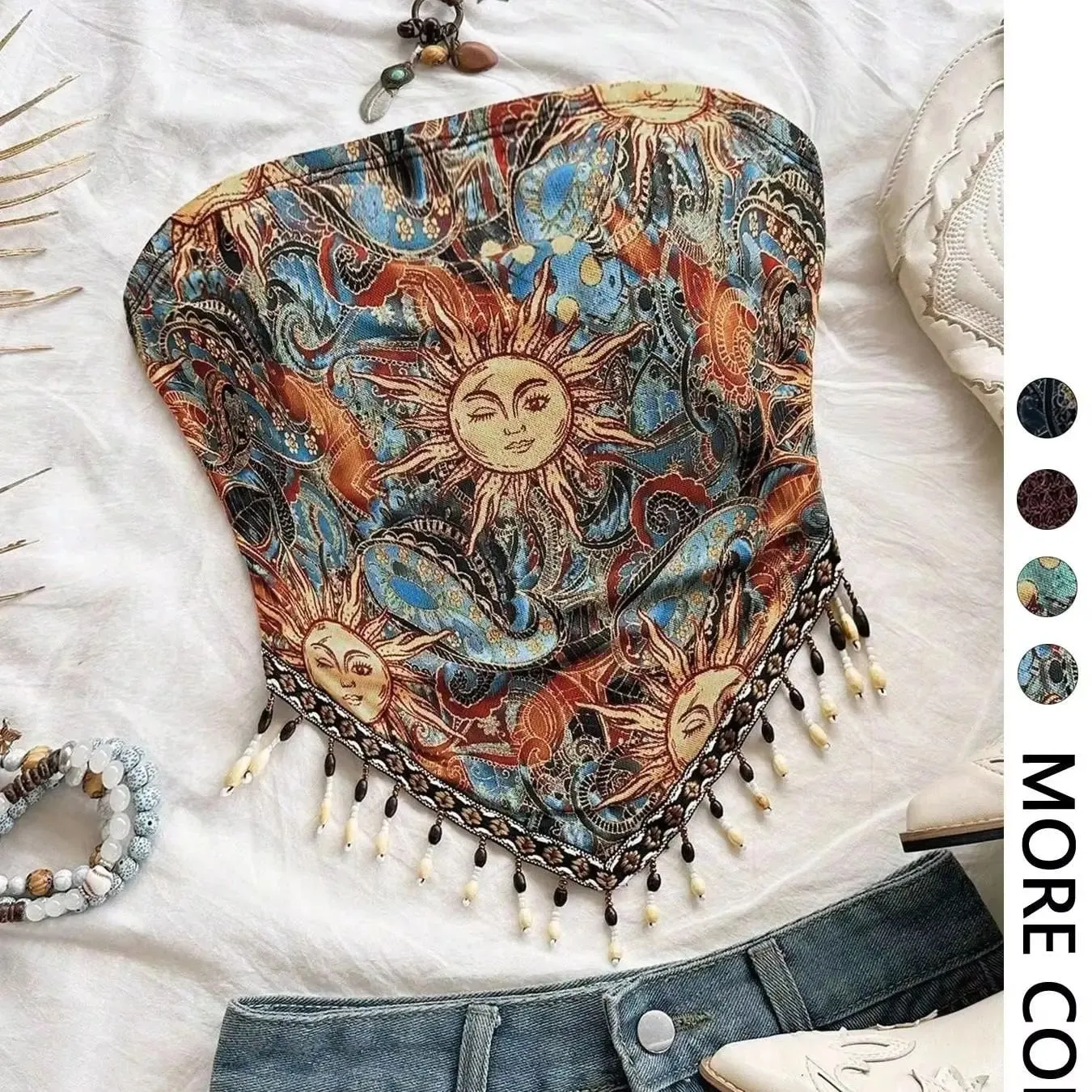 Ladies' 1pc Printed Mesh Knitted Tube Top with Triangular Hem And Beaded Fringe Trimmings — image 8