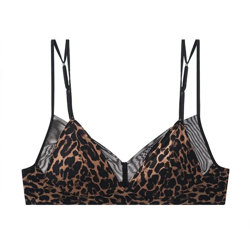 Popular Leopard Pattern Bralette Set Wire Free Soft Padded Small Breast Lift French Minimalist Women Everyday Lingerie 32A-38BC