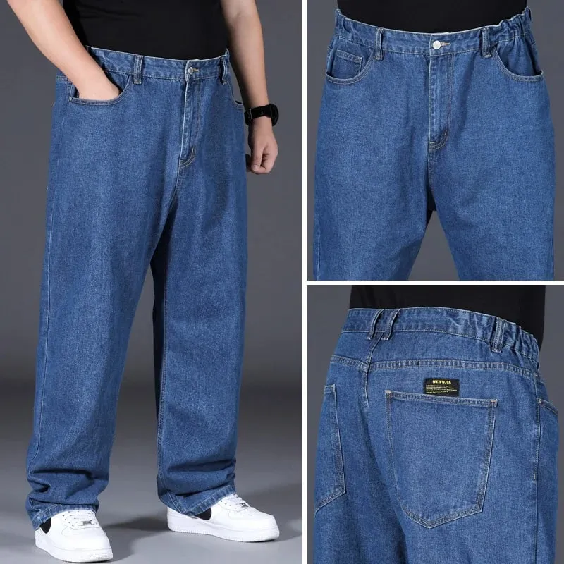 Men's Plus Size Jeans Elastic Waistband 30-48inch Stretch Denim Pants Straight Leg Breathable Loose Fit Streetwear Casual Wear