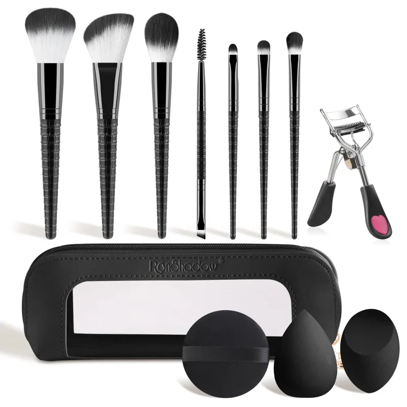 12Pcs Complete Makeup Tool Kit 7 Makeup Brushes 2 Beauty Sponges Eyelash Curler Powder Puff Storage Bag Full Cosmetic Set