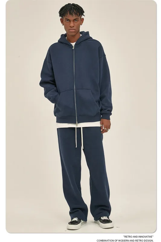 New Men Double Headed Zipper Fleece Hoodies Unisex Loose Basic Solid Warm Hooded Sweatshirts Coats For Winter HY0633