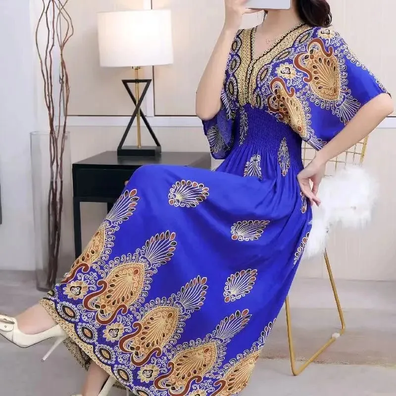 Casual Elegant Retro Bohemian National Style V-neck Elastic Waist Large Swing Printed Summer Long Skirt Woman Dress Clothes