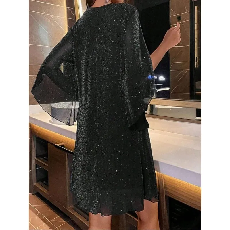 Bright Sequin Dresses Women V-neck See Through Chiffon Patchwork Irregular Half Sleeves Loose Mini Dress Female Vestidos 2024 — image 4