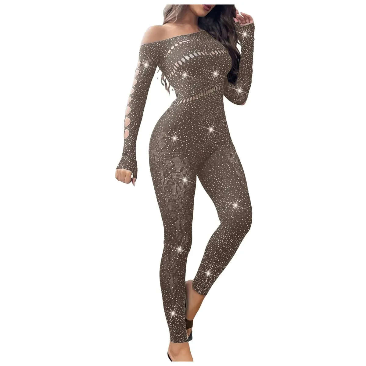 ผู้หญิงเซ็กซี่ตาข่าย Rhinestone Jumpsuit แขนยาวดูผ่านยืดถุงน่อง Jumpsuit Club PLUS ขนาดสต็อกชุดชั้นใน — image 3