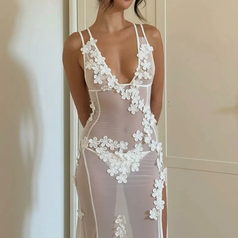 Women Sexy Party Night Backless V Neck Split Cocktail Dress 90s Vintage Floral Sheer Mesh Long Dress Chic Boho Beach Cover-ups